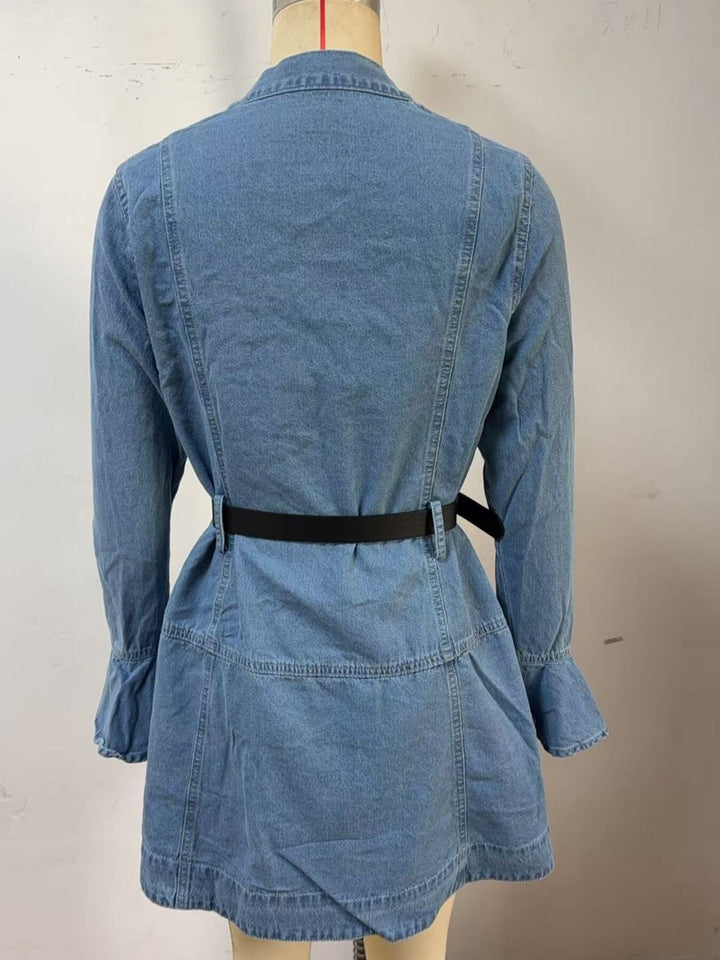 Button-front denim shirt dress with flounce sleeves