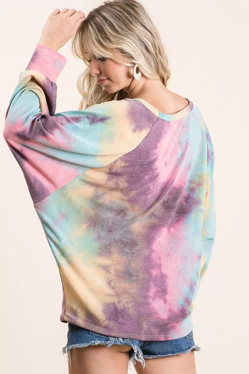 Tie-dye terry knit top with dolman sleeves