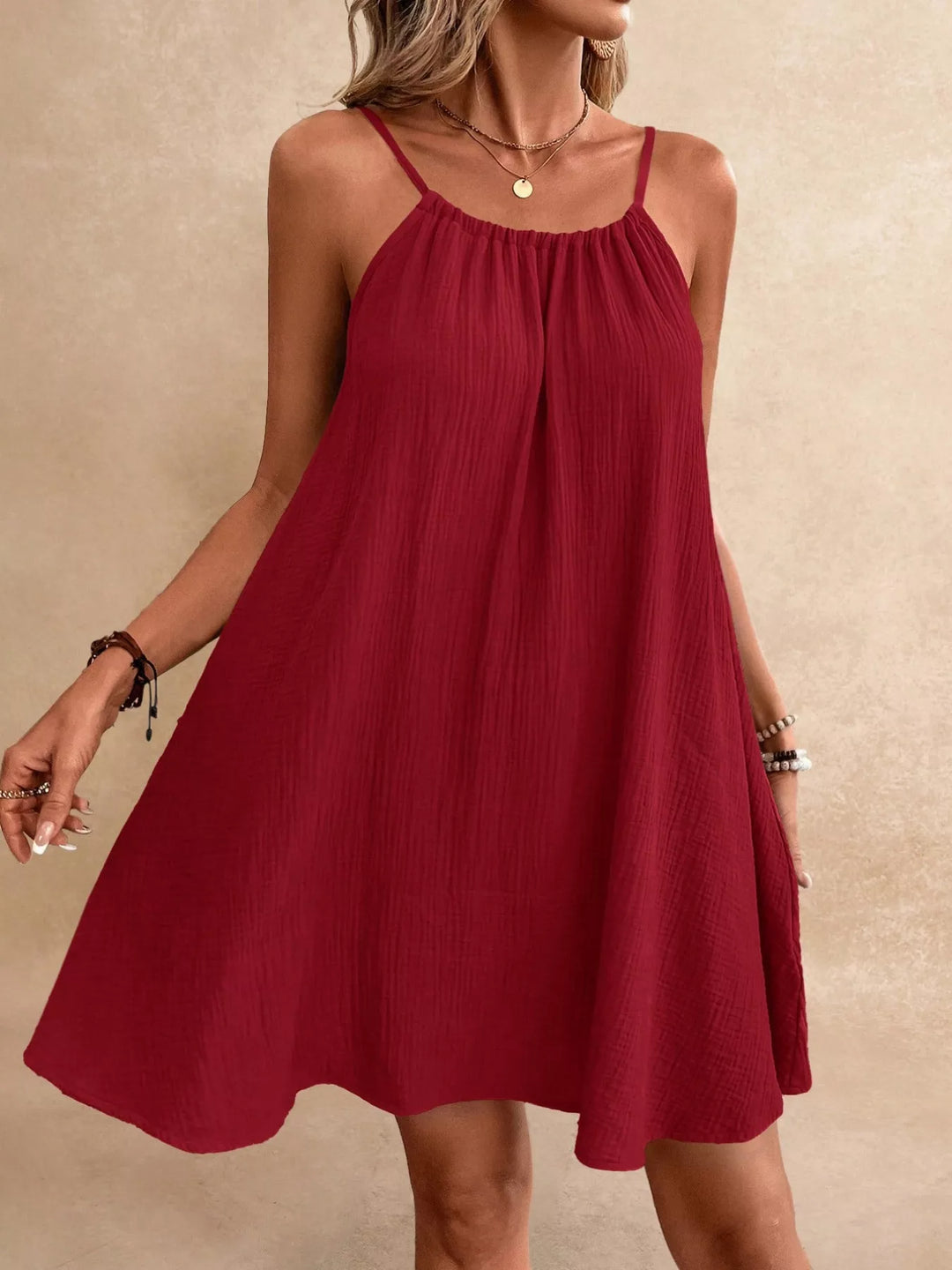 Scarlet Backless crinkle spaghetti strap mini dress