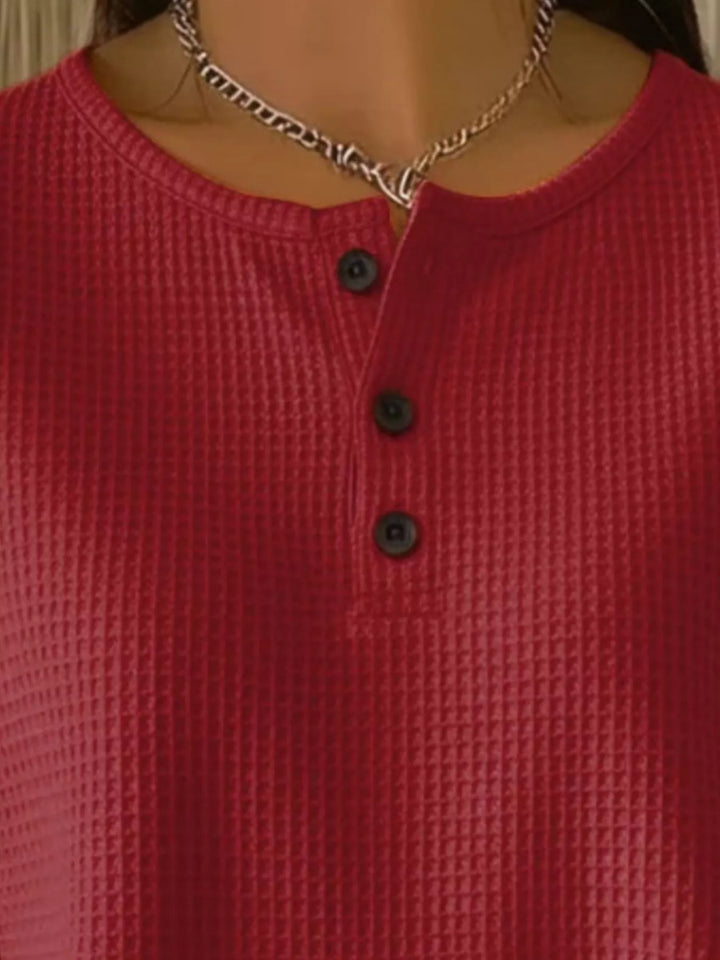 Waffle knit henley top with button placket and long sleeves