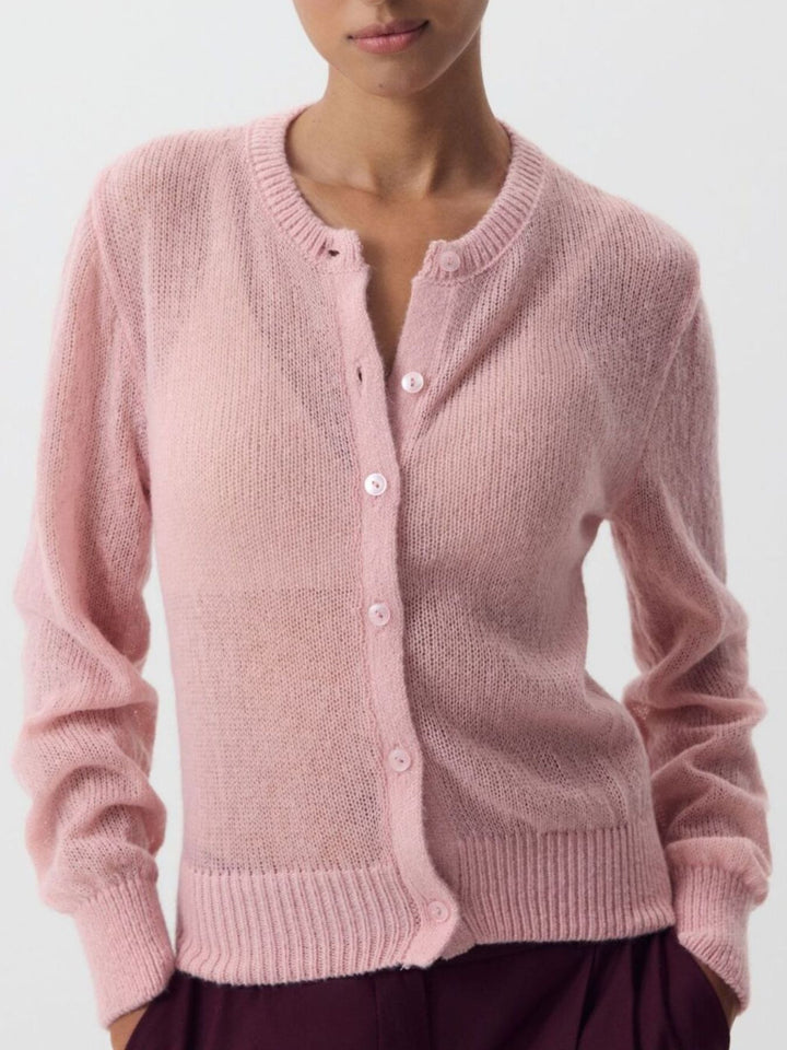 Sheer open-knit button-front cardigan with long sleeves