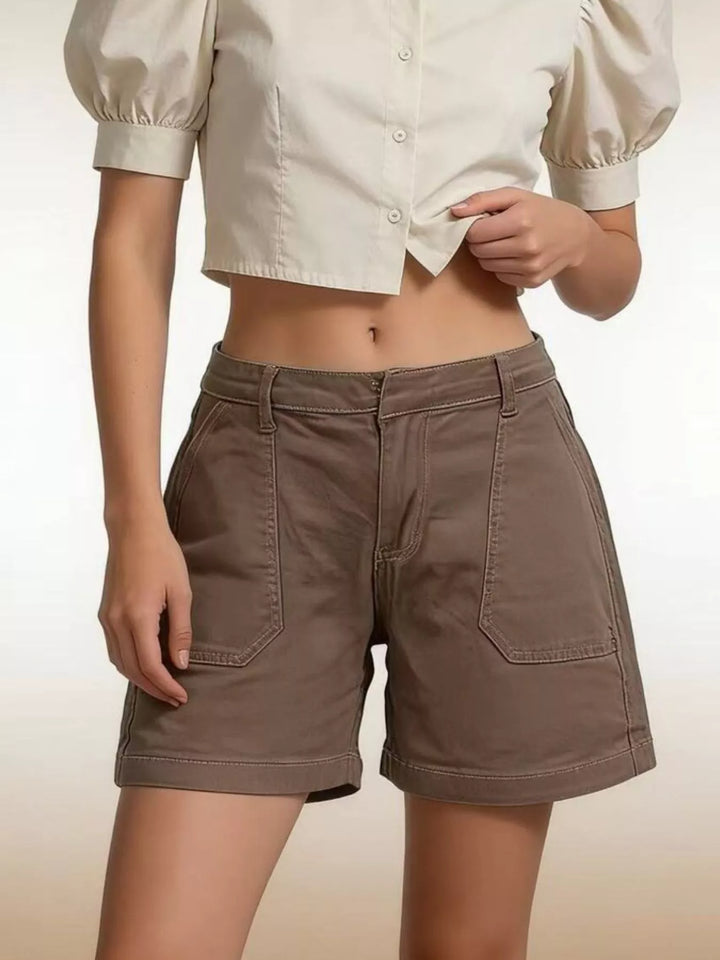 Patch pocket mid-rise denim shorts with cuffed hem