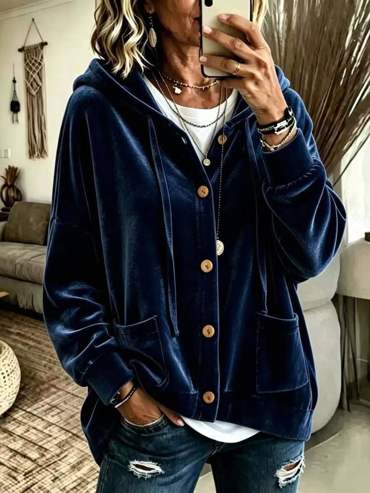 Navy Oversized hooded button-up jacket with patch pockets