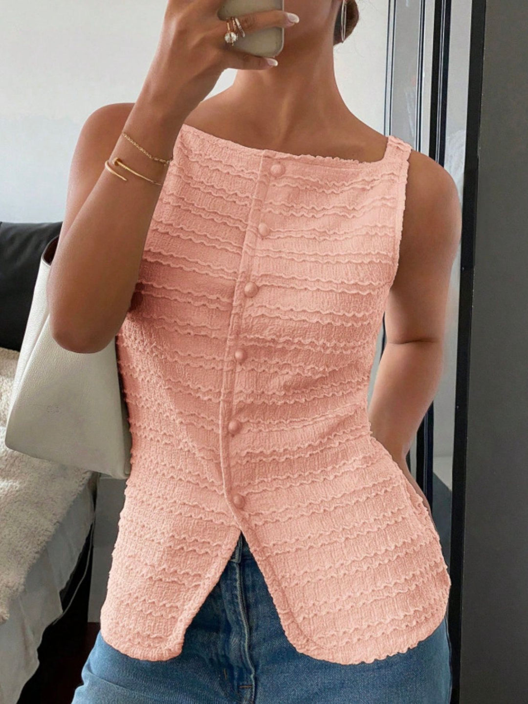 Textured button-front tank with square neck and split hem