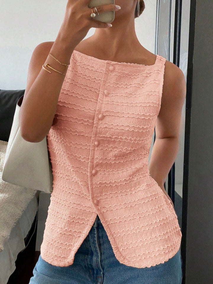 Textured button-front tank with square neck and split hem