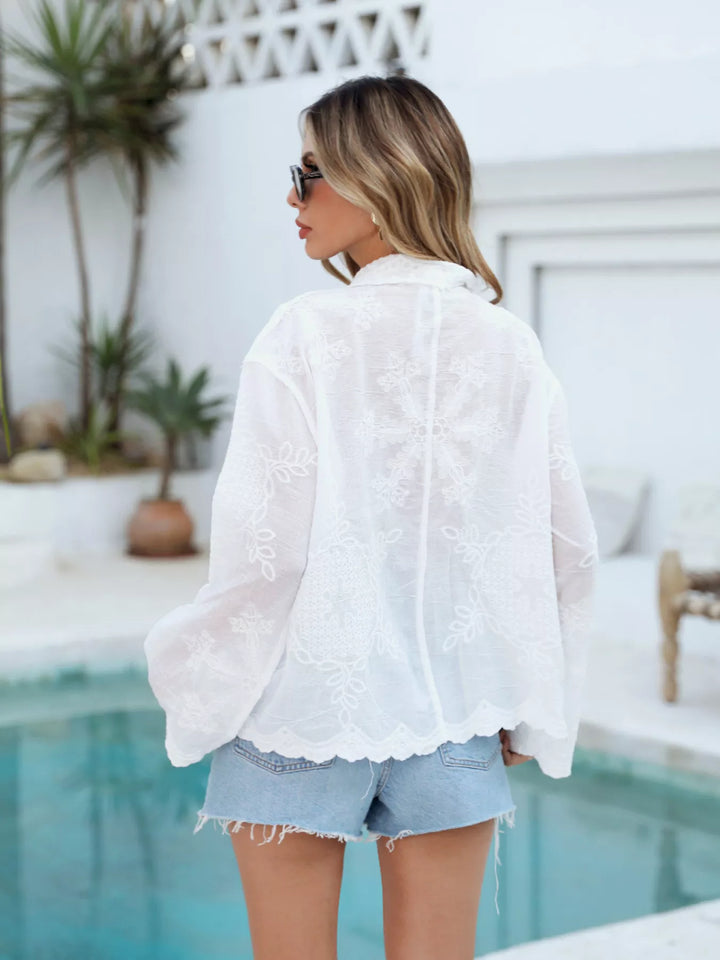 Embroidered floral button-up blouse with scalloped hem