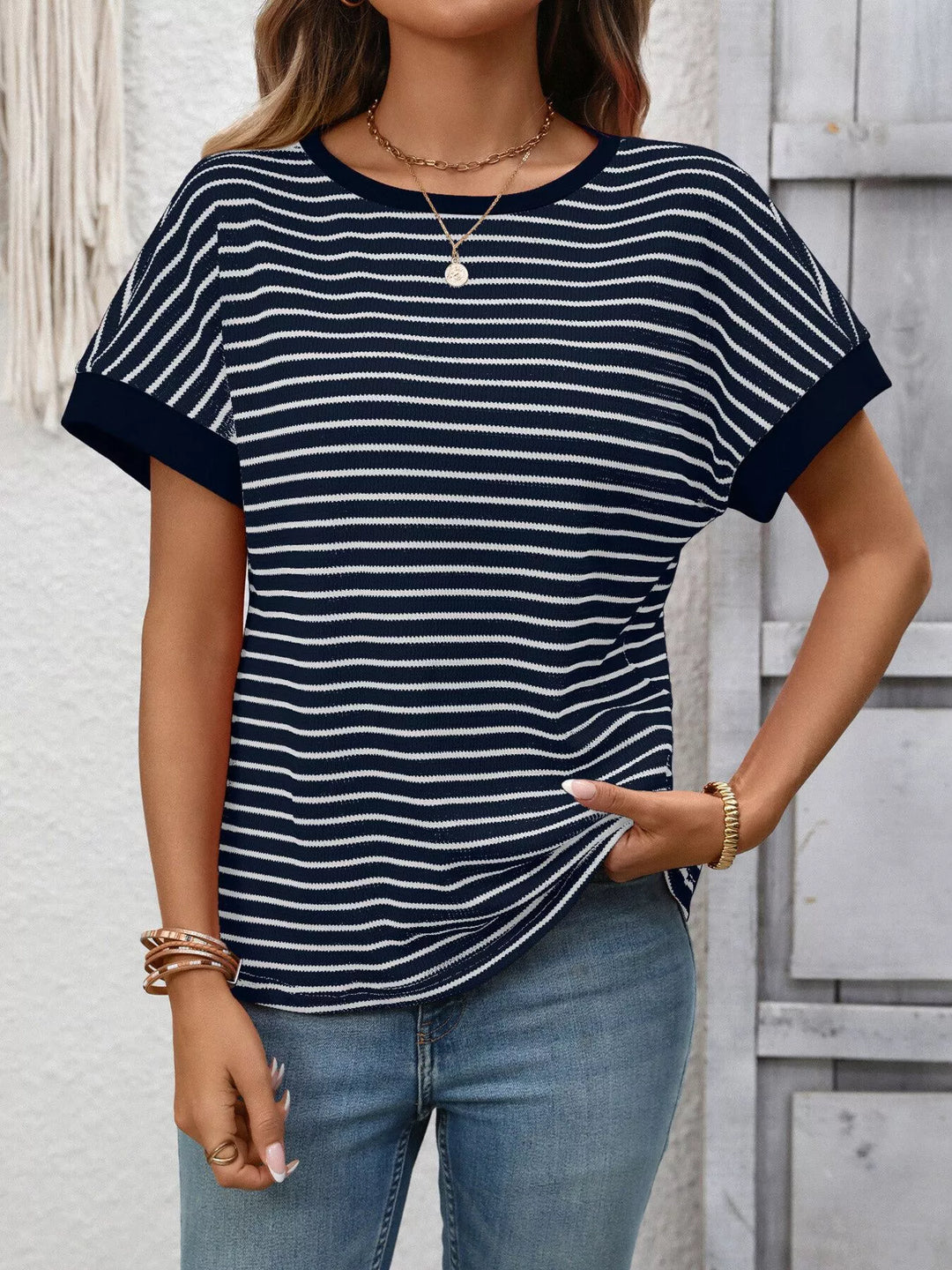 Striped short sleeve knit tee with contrast trim