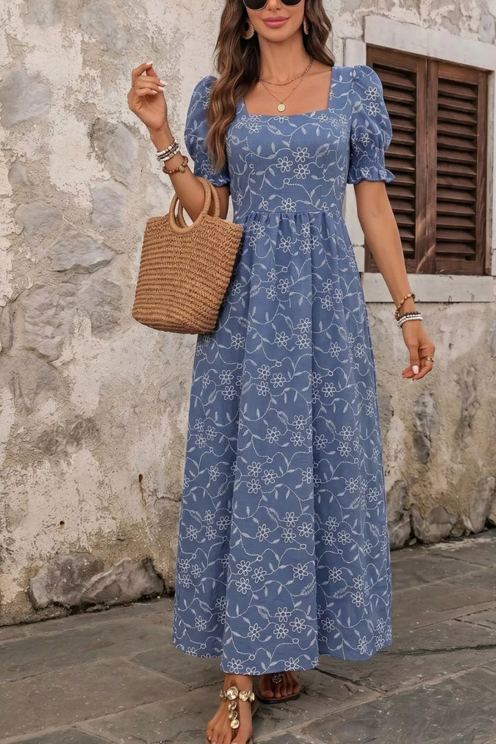 Dusty Blue Floral square neck puff sleeve maxi dress