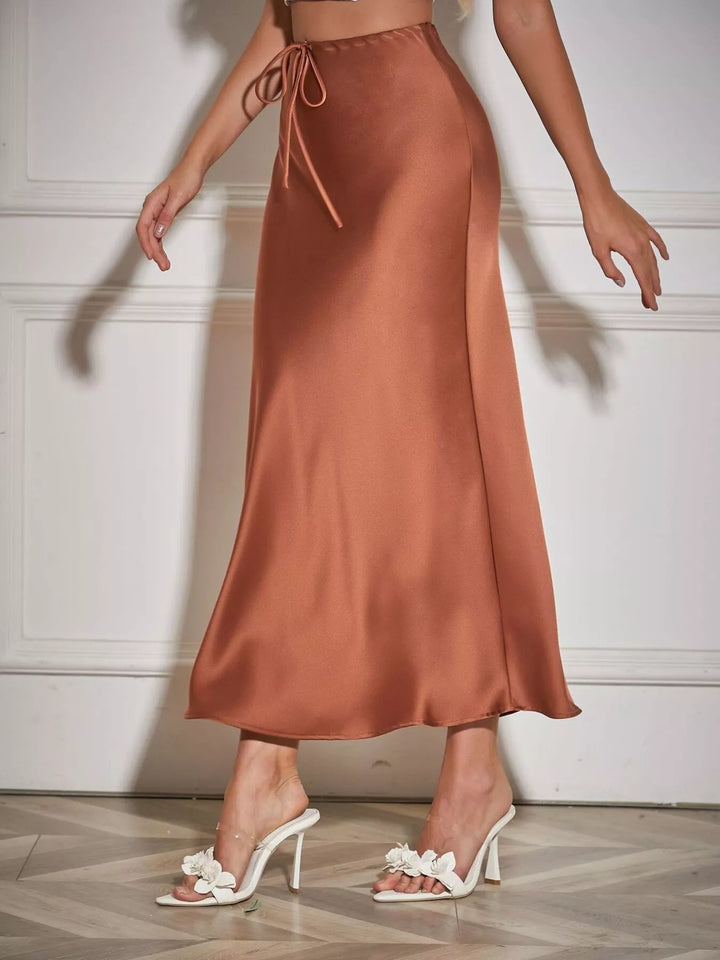 High-waist satin midi skirt with drawstring tie