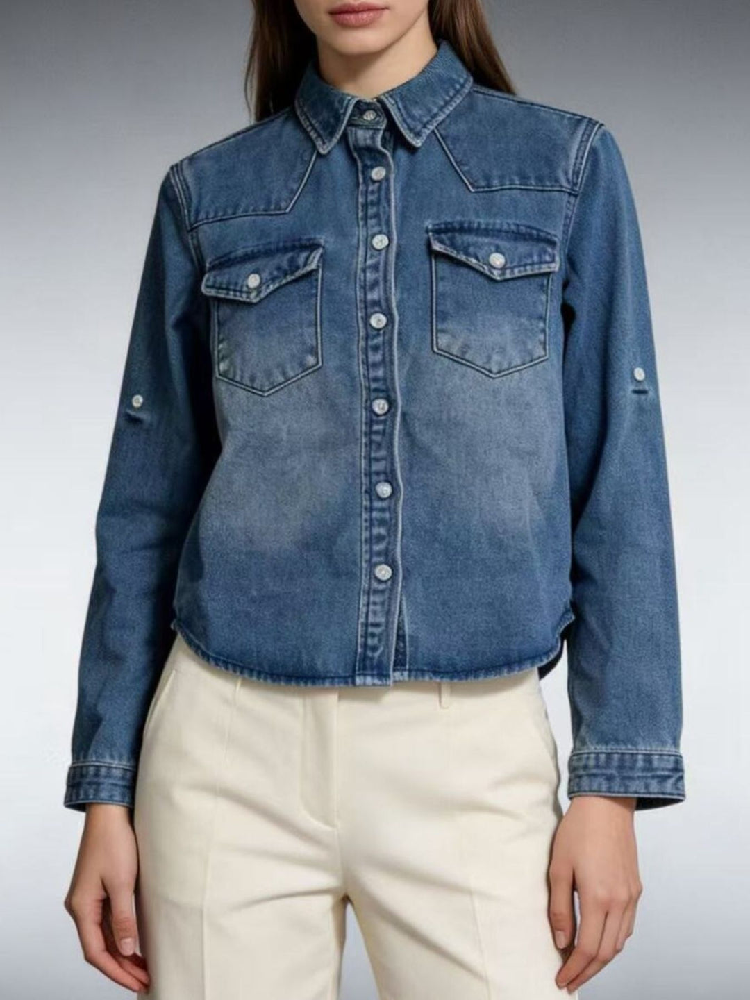 Western button-down denim shirt with flap pockets