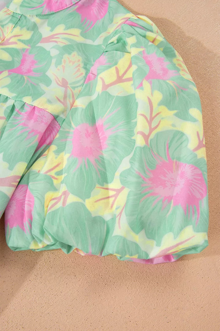 Floral print puff sleeve blouse with split neck