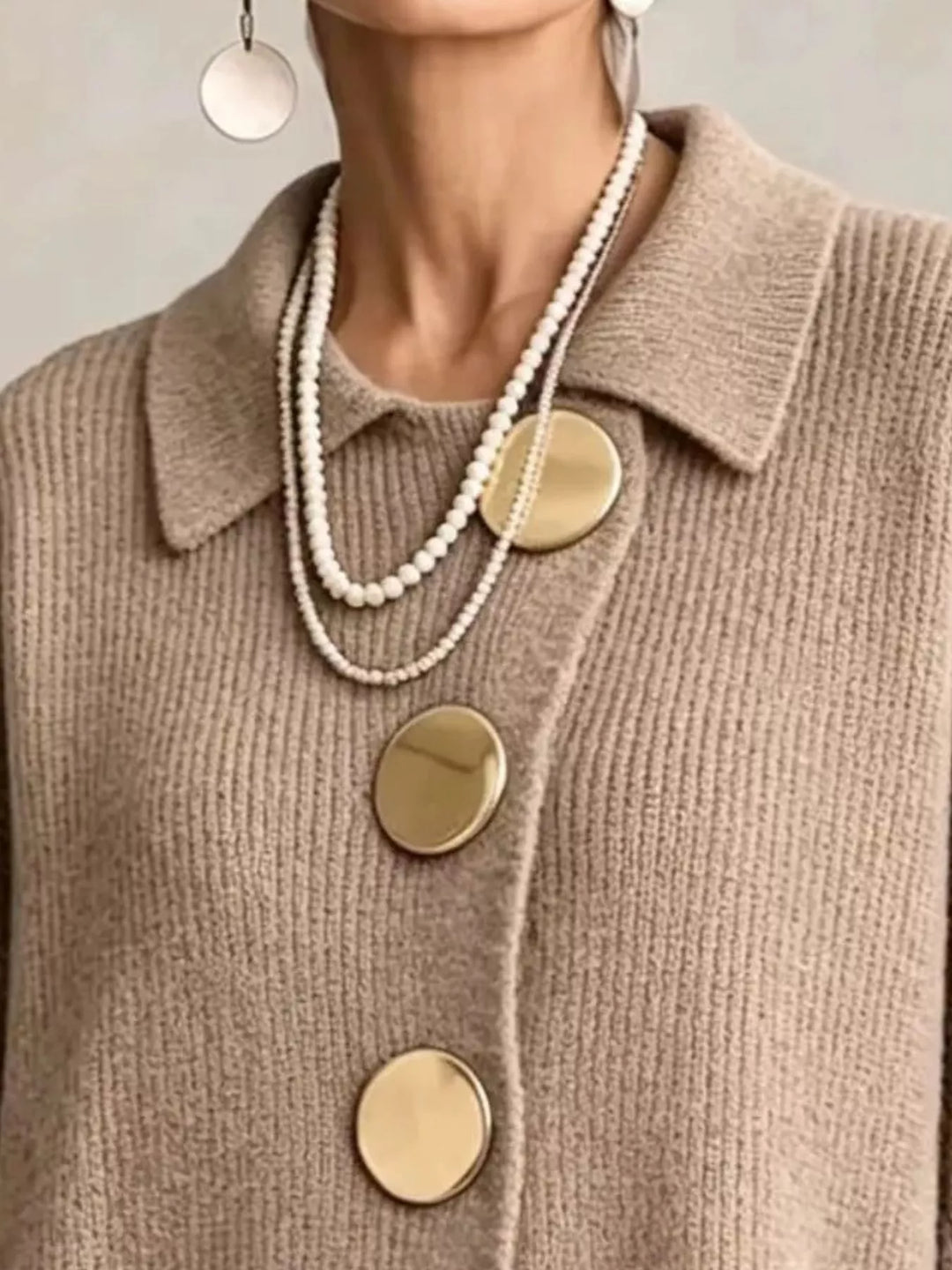 Oversized gold button ribbed knit collared cardigan