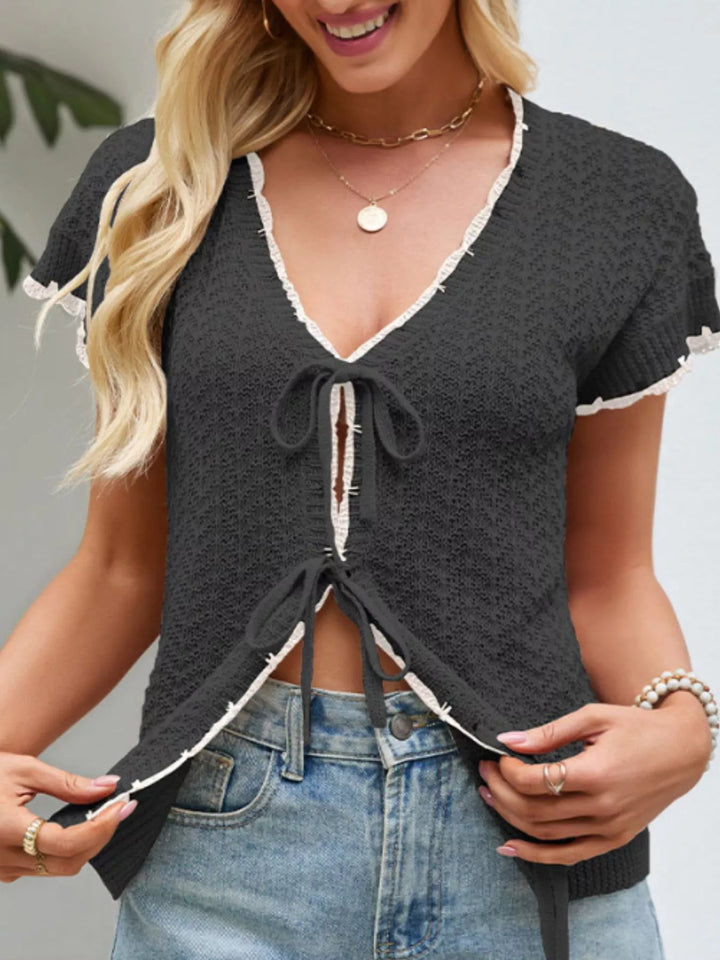 Tie-front openwork knit top with contrast trim