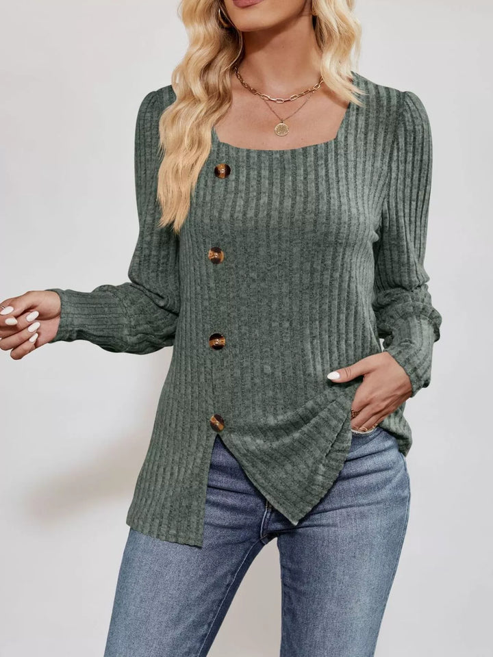 Ribbed knit square-neck top with button trim and side slit