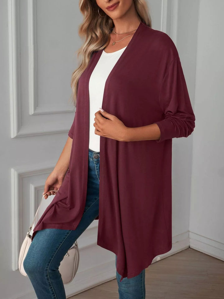 Lightweight open front cardigan with draped waterfall hem