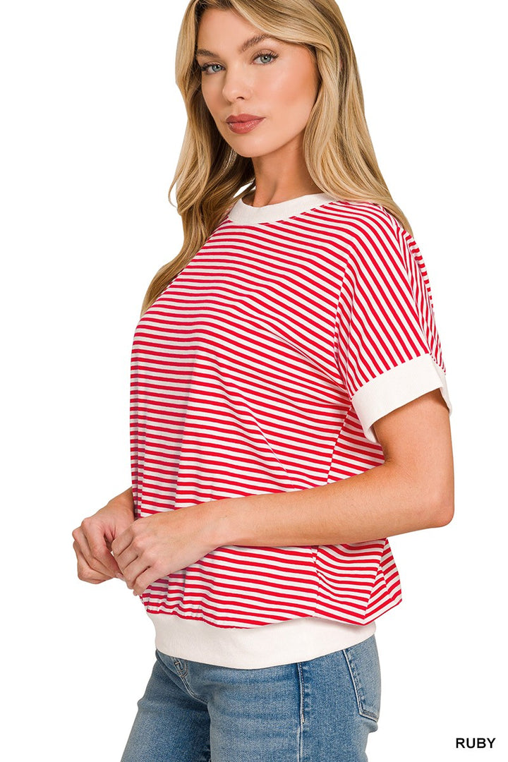 Striped short sleeve top with contrast trim and banded hem