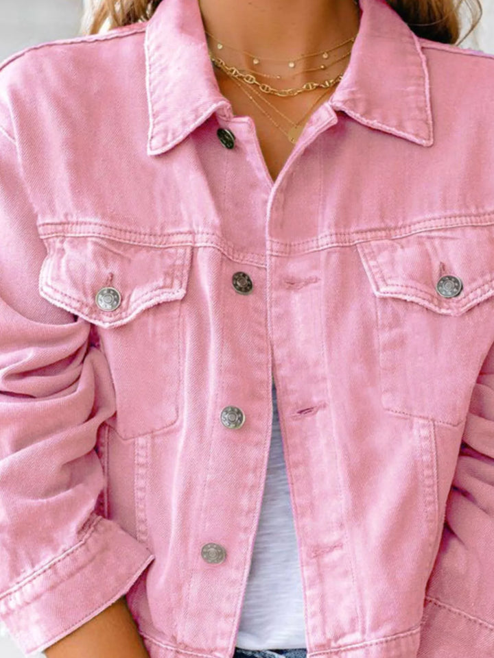 Cropped button-up denim jacket with chest pockets