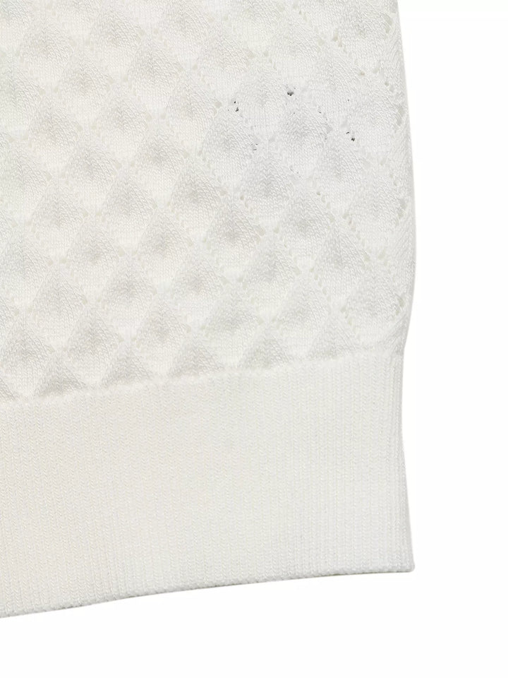 Textured pointelle knit collared short sleeve top