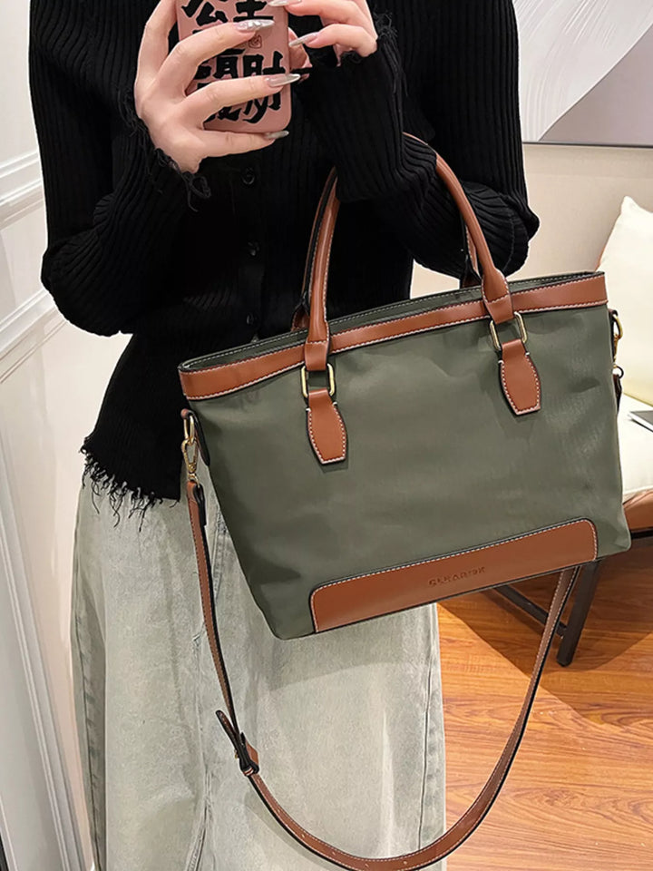 Green Two-tone PU leather tote bag with detachable crossbody strap