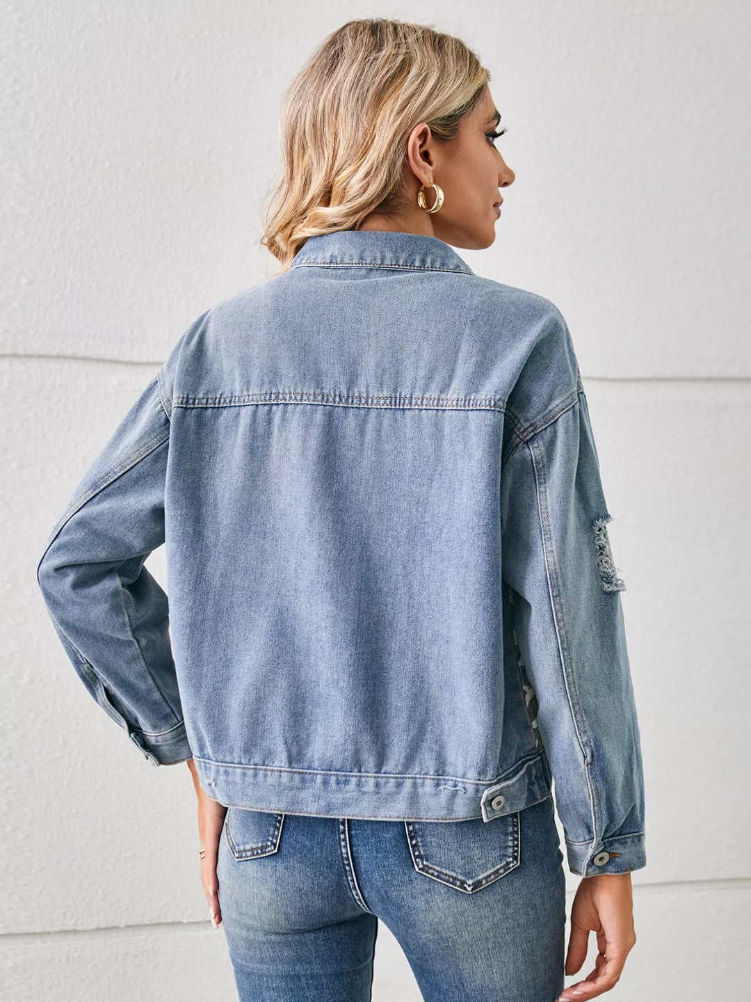 Distressed animal print cropped denim jacket