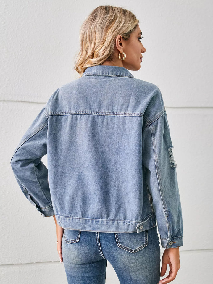Distressed animal print cropped denim jacket