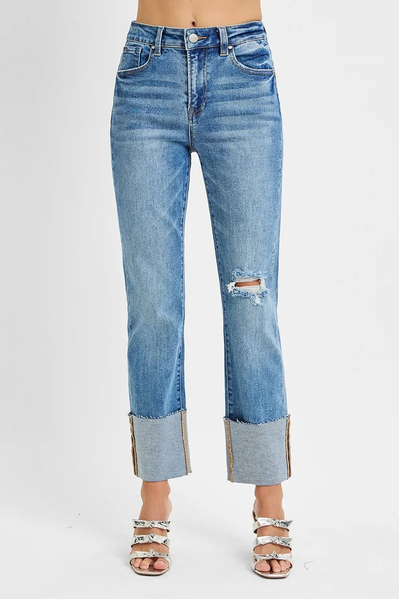 Distressed high-rise straight-leg jeans with wide cuff
