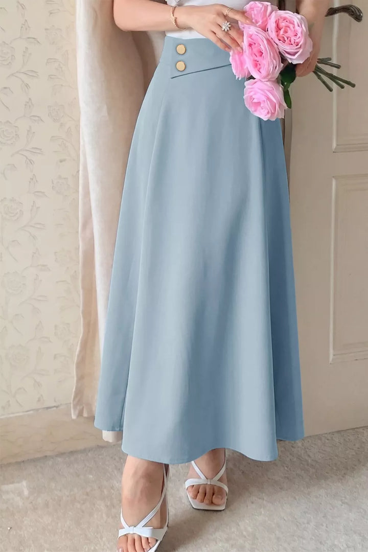 High-rise A-line midi skirt with gold button waistband
