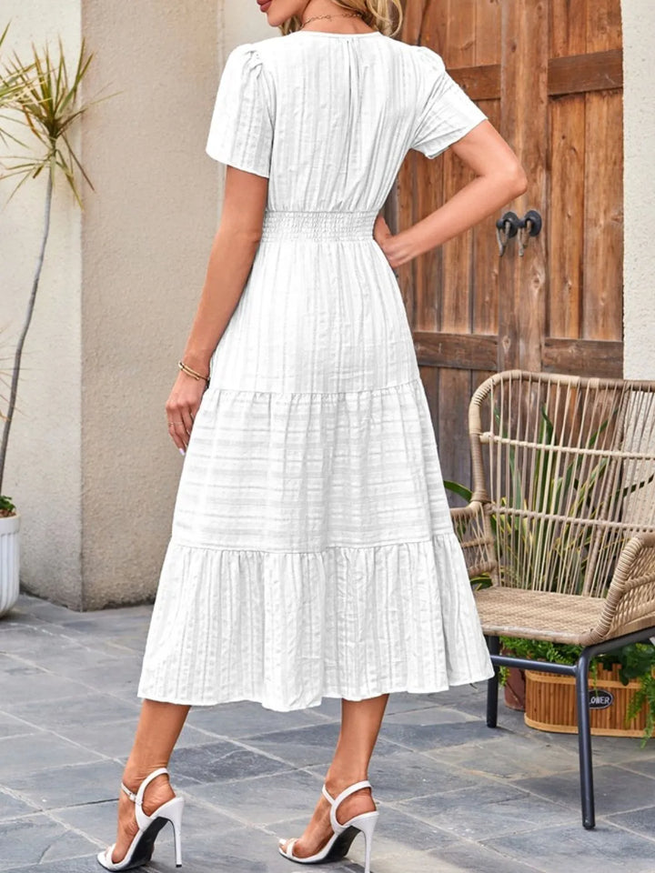 Tiered notched neck short sleeve midi dress with pockets
