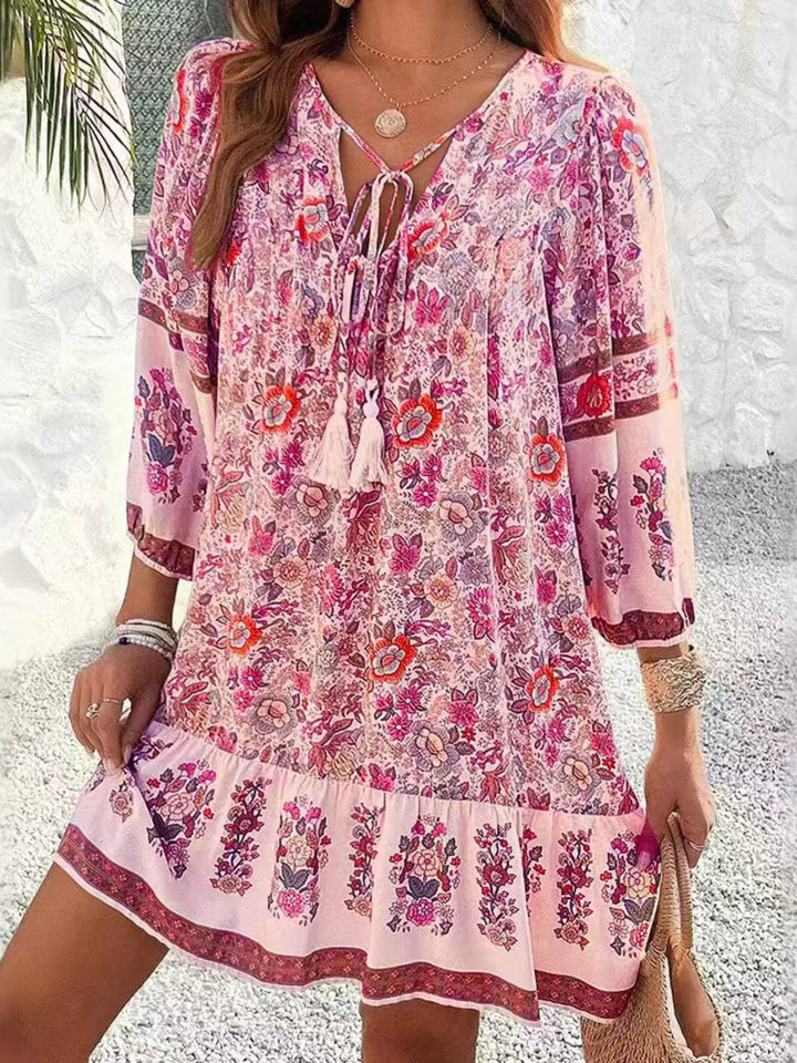Boho floral v-neck mini dress with tassel tie and long sleeves