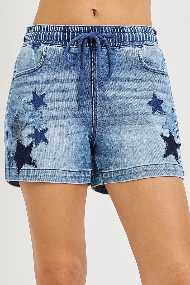 Star patch drawstring denim shorts with elastic waist