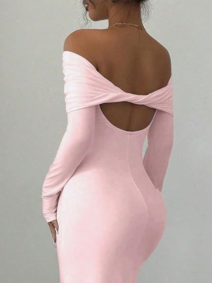 Foldover off-shoulder long sleeve bodycon maxi dress