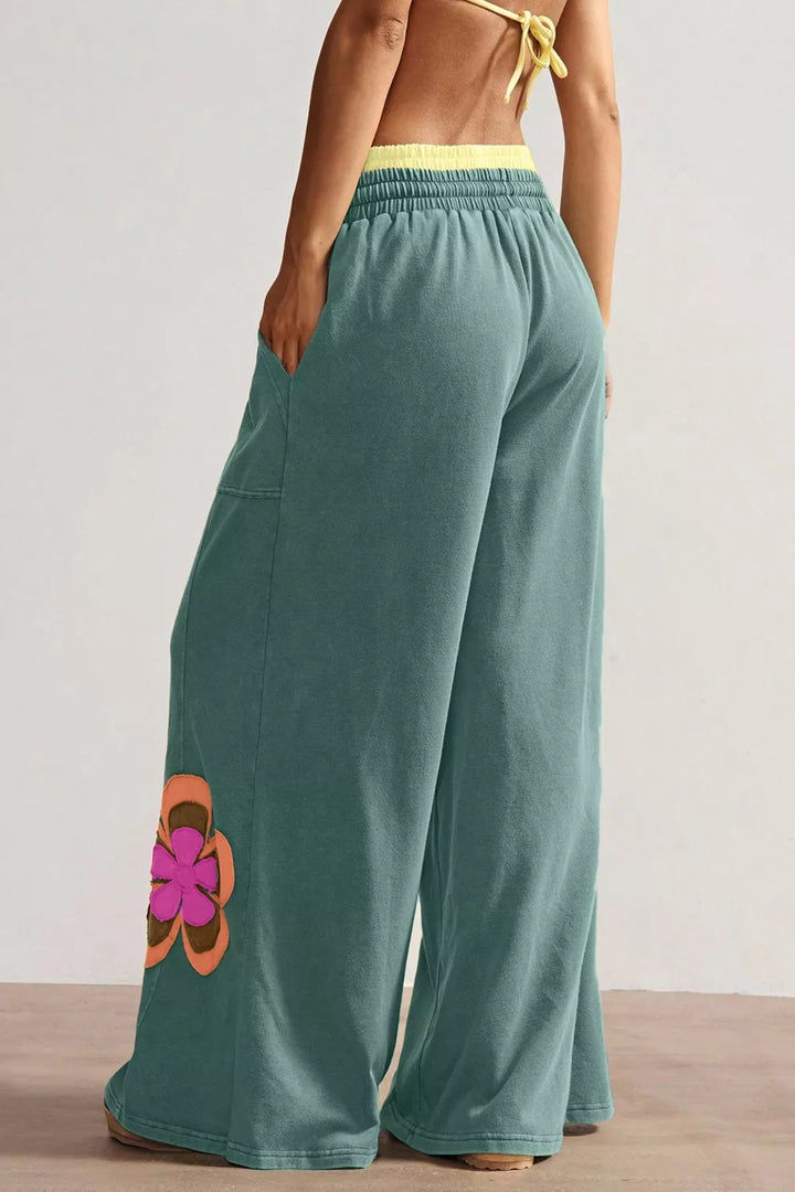 Floral appliqué wide-leg drawstring pants