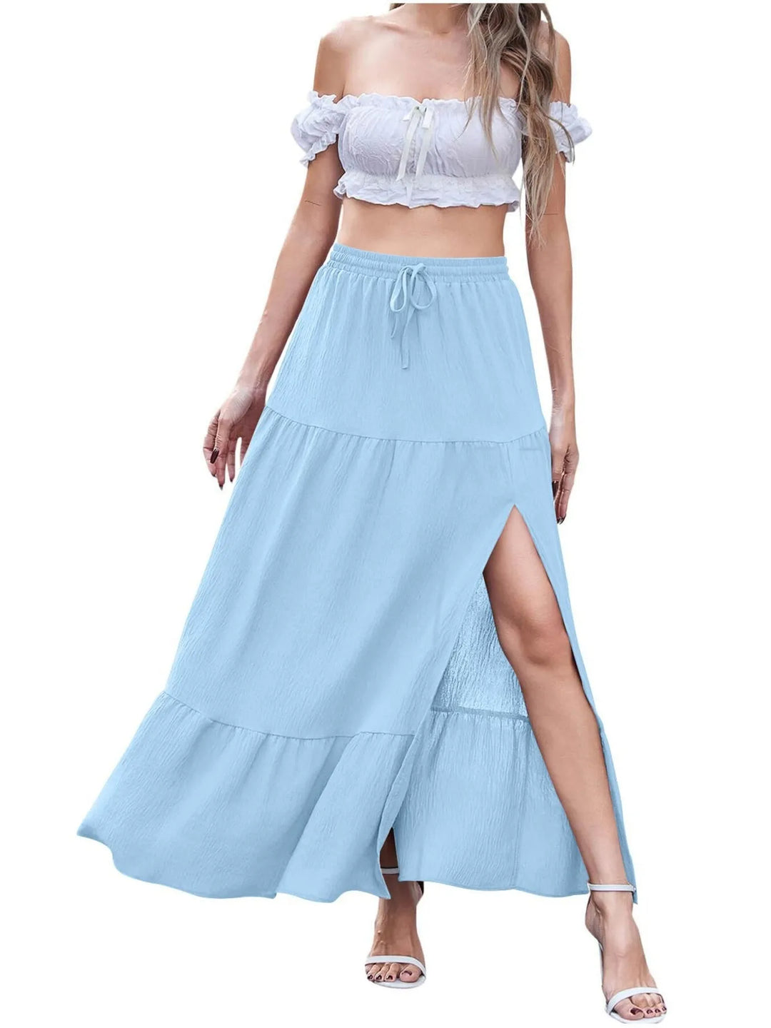 Sky Blue Tiered ruffled maxi skirt with front slit