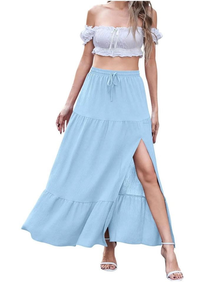 Sky Blue Tiered ruffled maxi skirt with front slit