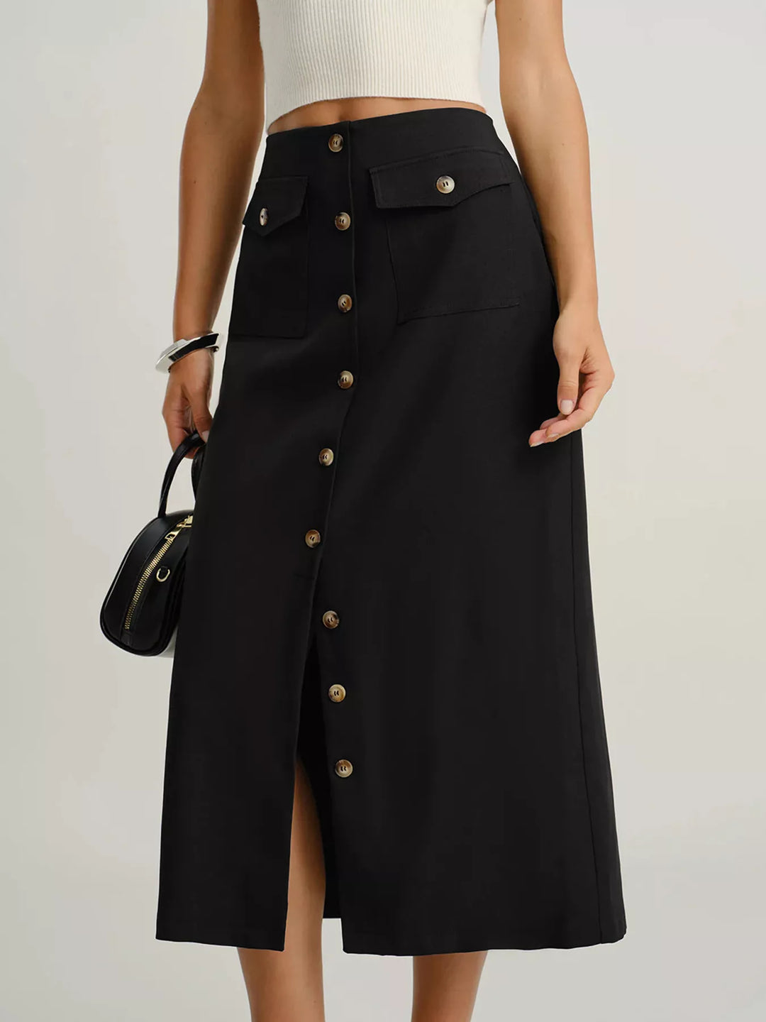 High-rise button-front midi skirt with flap pockets