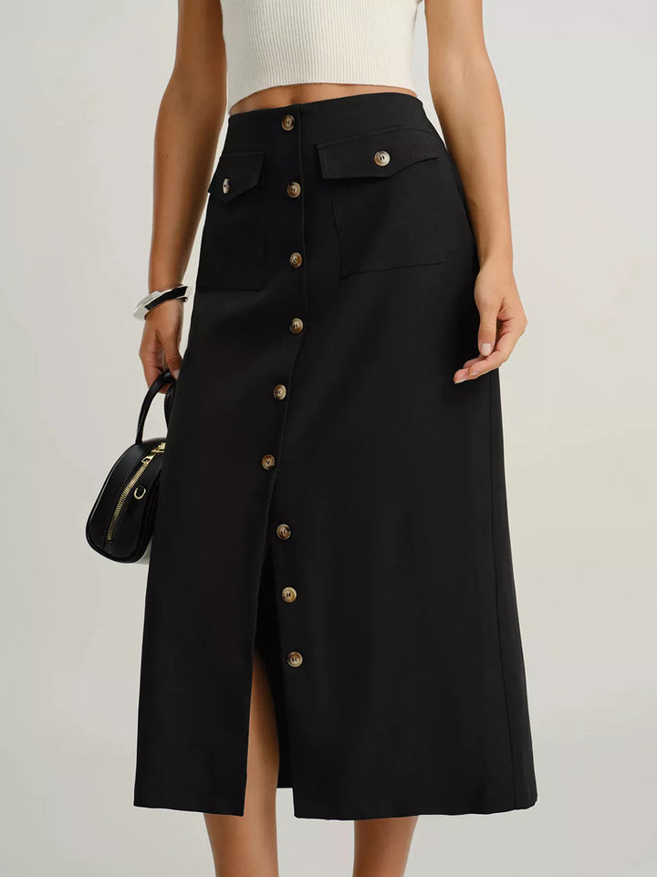High-rise button-front midi skirt with flap pockets