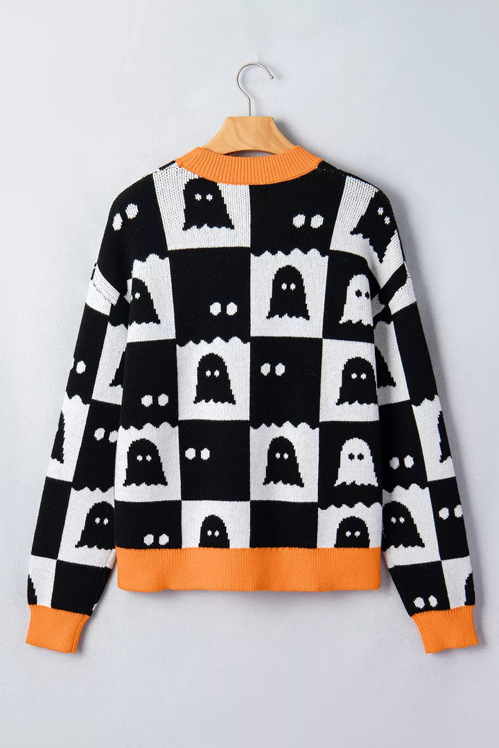 Ghost checkerboard knit sweater with contrast ribbed trim
