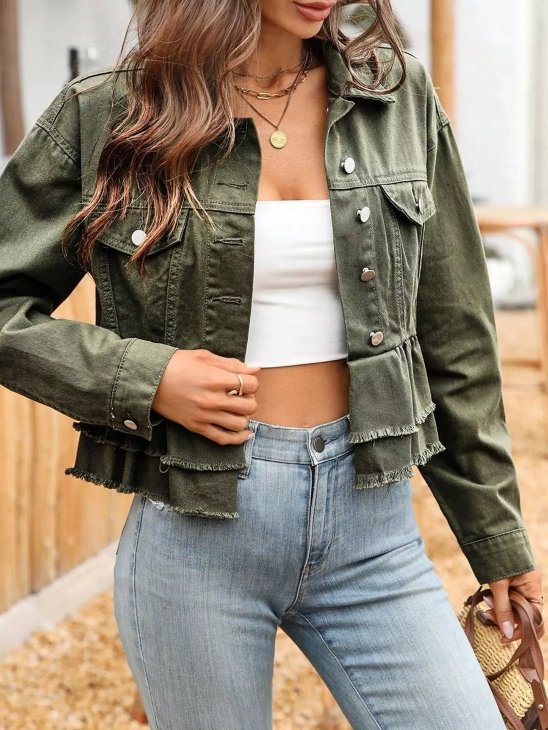 Tiered ruffle raw-hem cropped denim jacket
