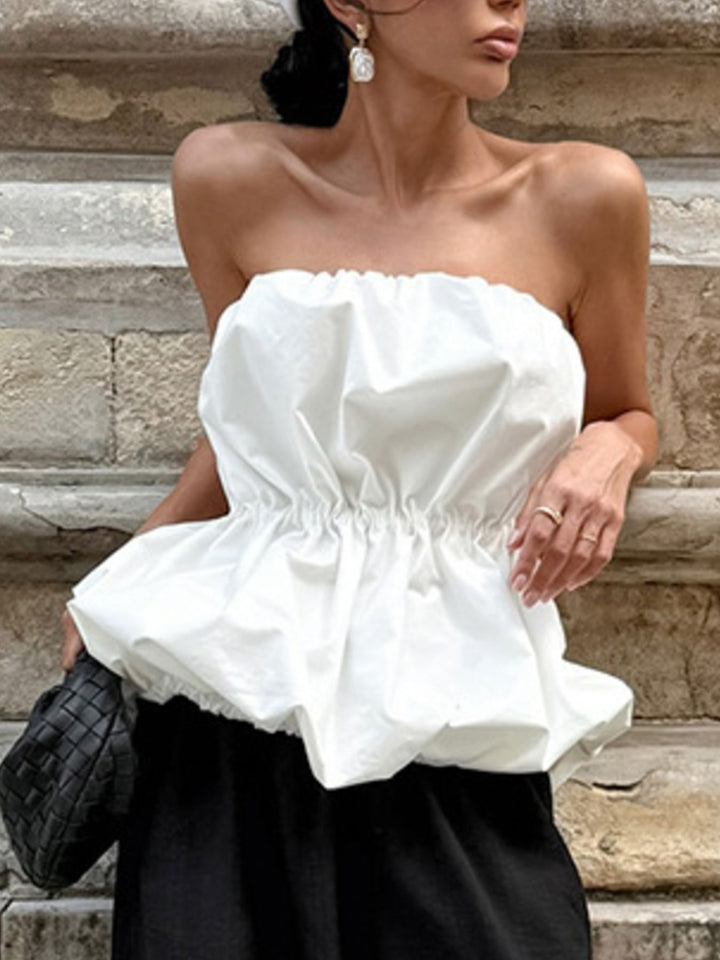 White Ruched bubble hem strapless cotton tube top