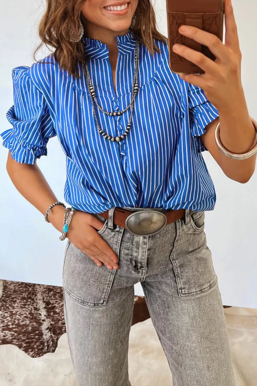 Royal Blue Striped ruffle puff sleeve button-front blouse