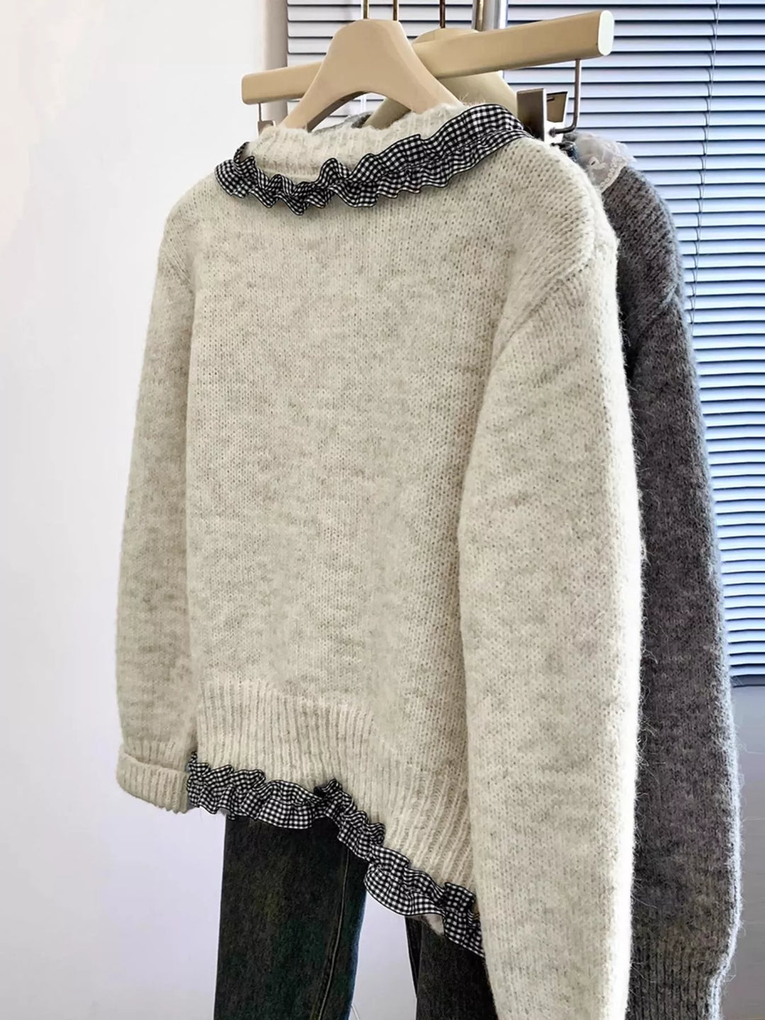 Gingham ruffle trim button-up knit cardigan