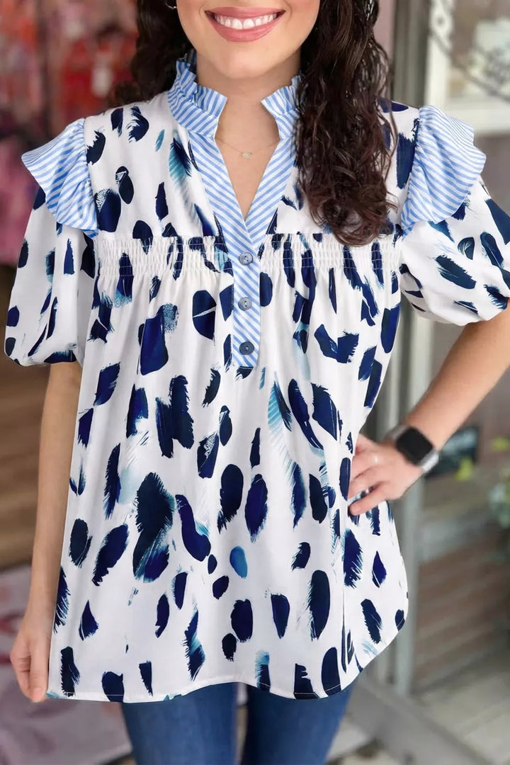 Abstract animal print blouse with striped ruffle yoke