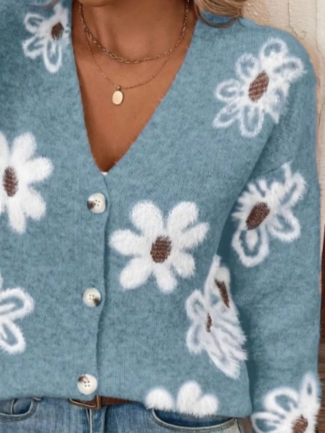 Fuzzy floral knit button-up V-neck cardigan