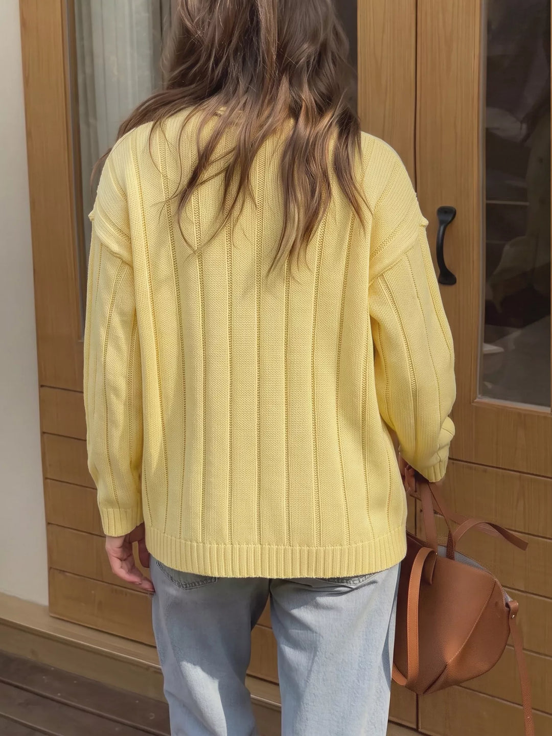 Ribbed knit button-front cardigan with dropped shoulders