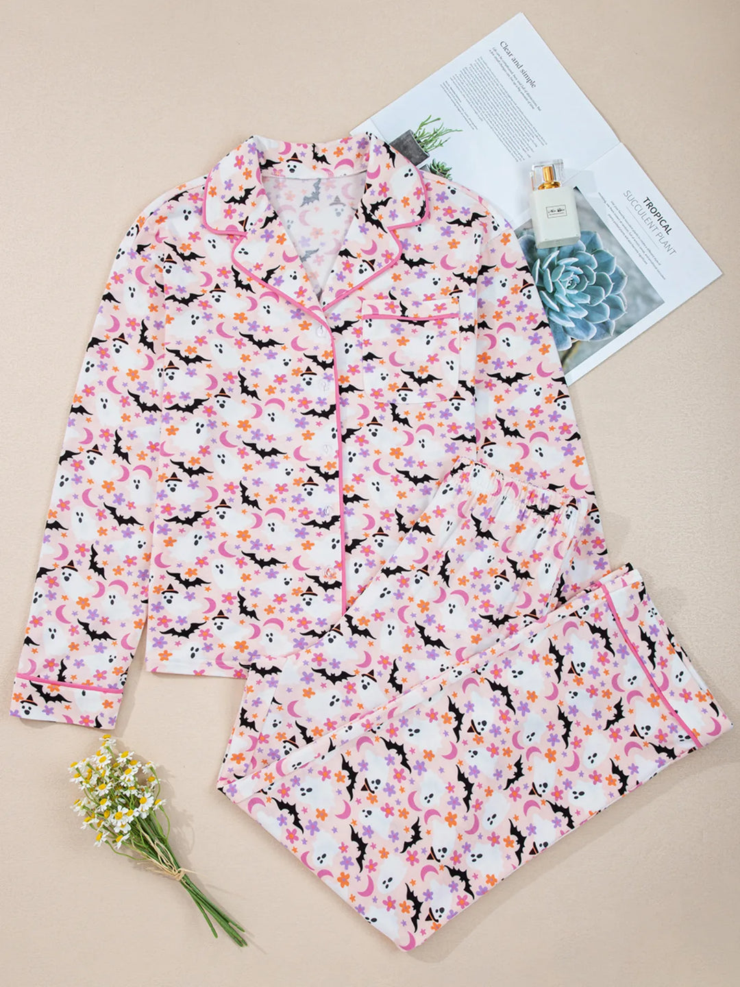 Ghost and bat print button-up pajama set with piped trim