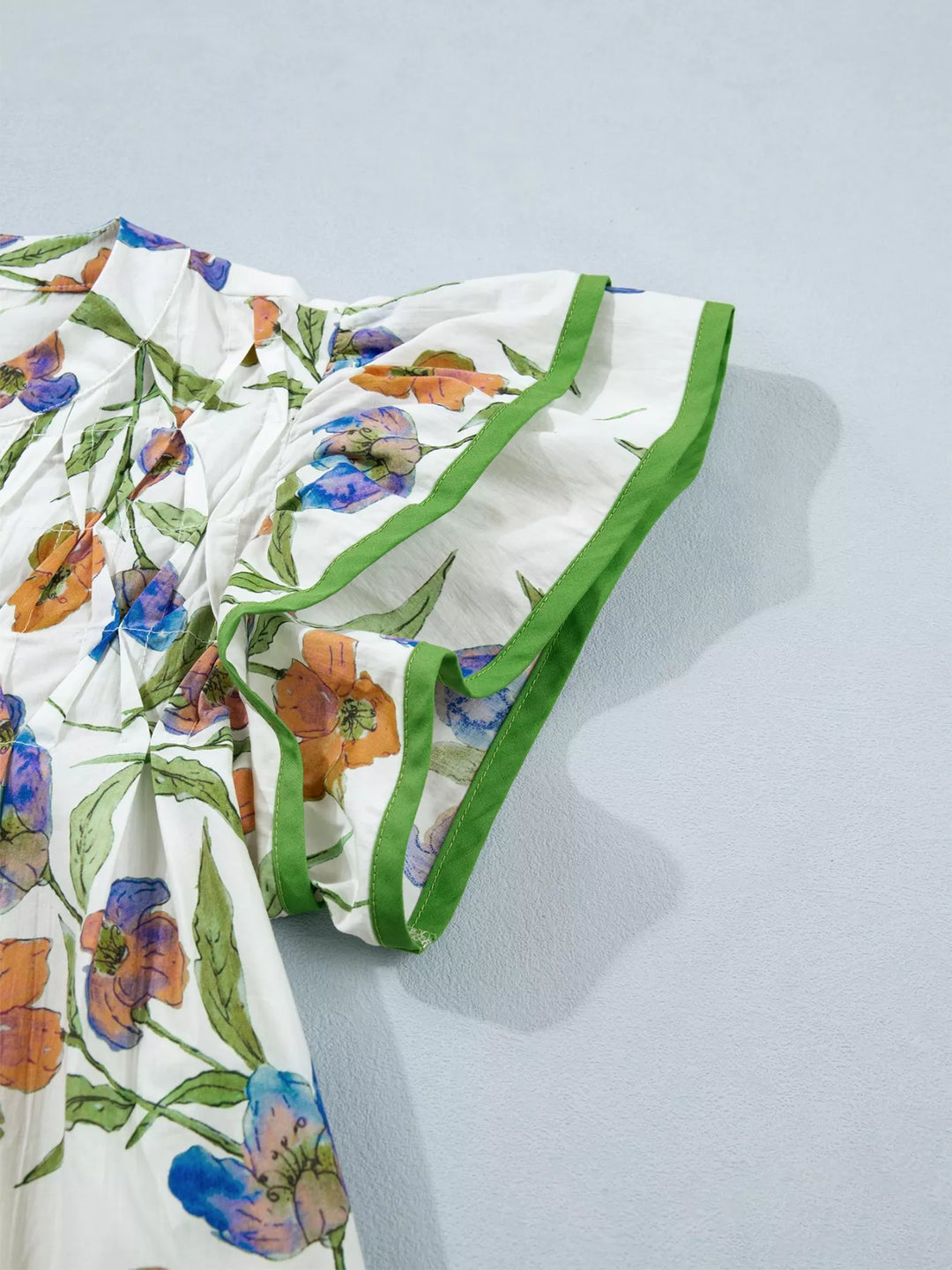 Watercolor floral ruffle-sleeve V-neck cotton blouse