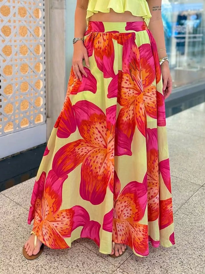 Orange Bold floral print flared maxi skirt with pockets