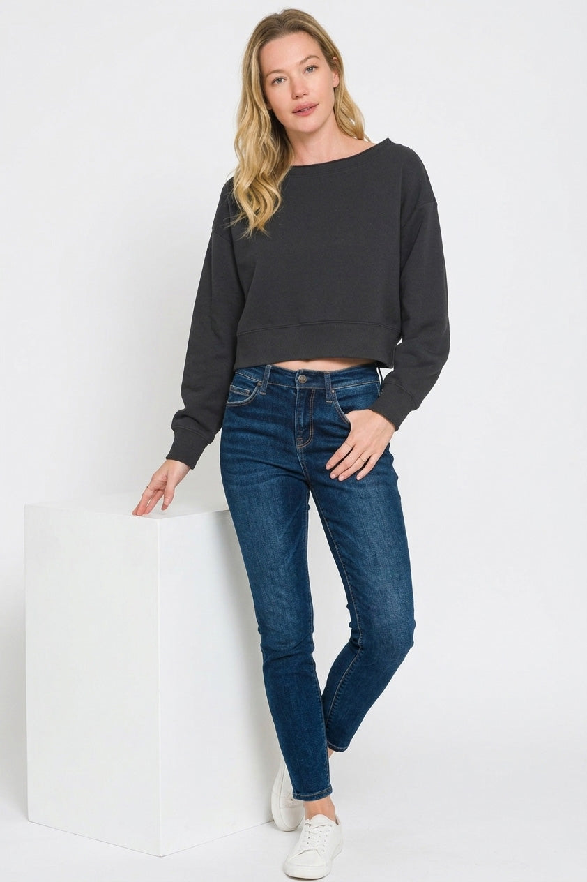 Cropped fleece boat-neck sweatshirt with ribbed hem
