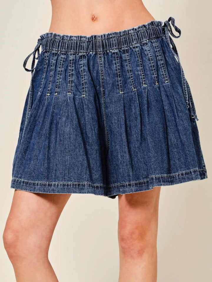 Dark Blue Wide-leg pleated denim shorts with drawstring elastic waist