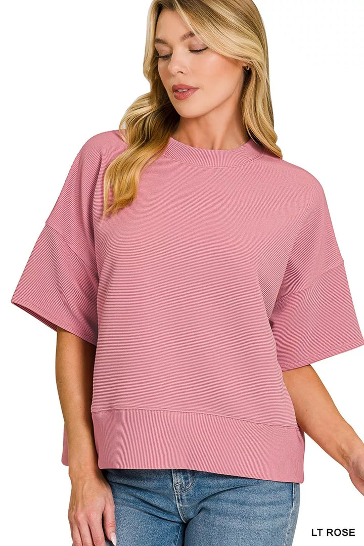 LT ROSE Ribbed drop-shoulder boxy tee with banded hem